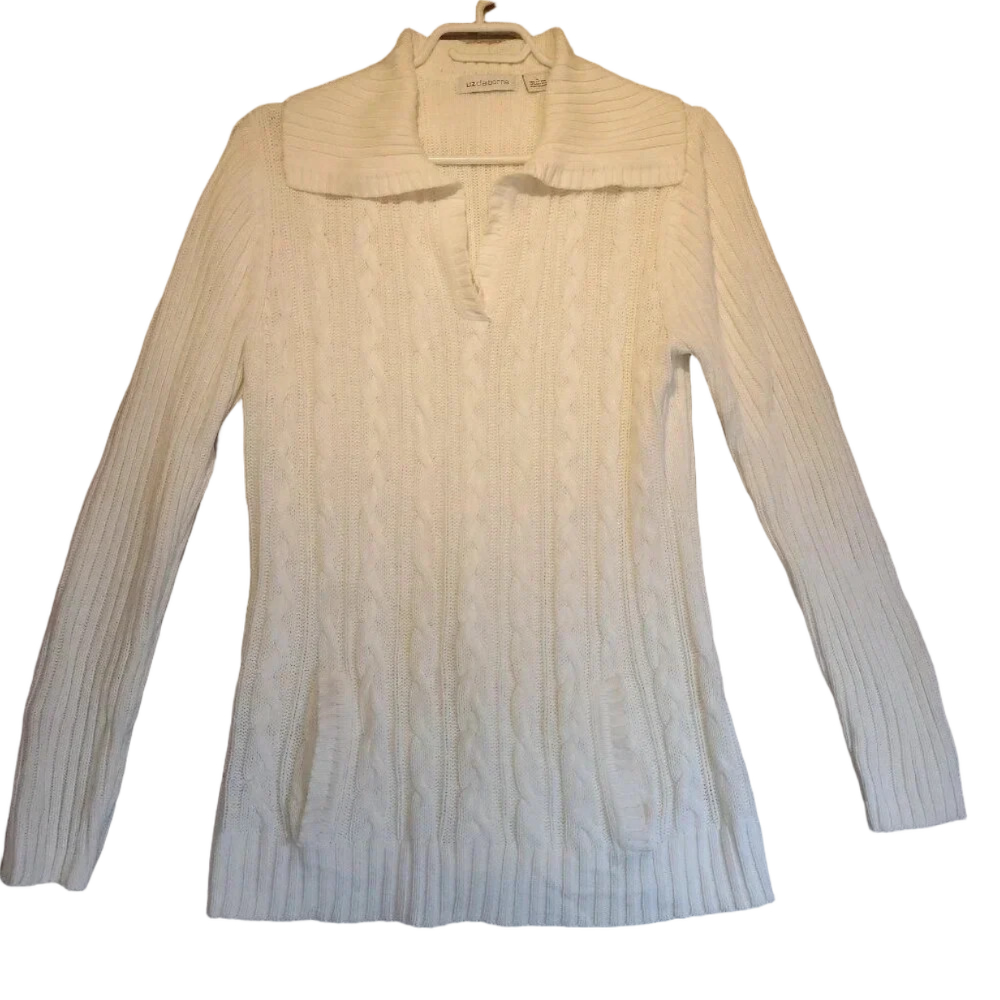 Liz Claiborne White  Long Sleeve Cable Knit Pullover Sweater Size Large